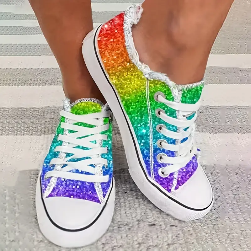 Front view of Rainbow Pride Women's Glitter Canvas Shoes