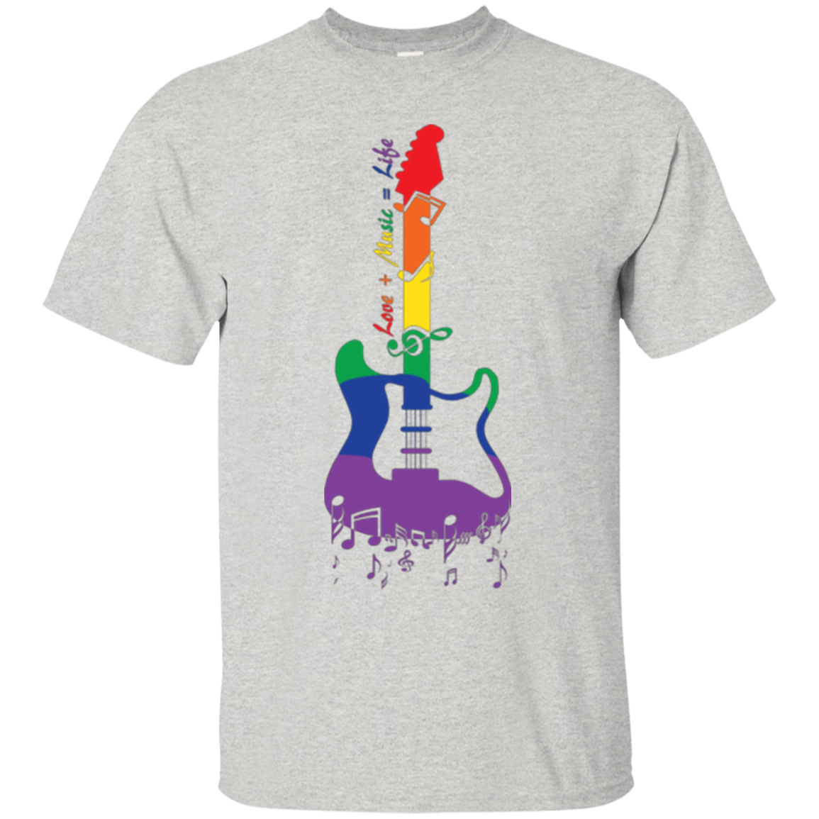 Rainbow Guitar "Love + Music = Life" Pride grey T Shirt for music lover