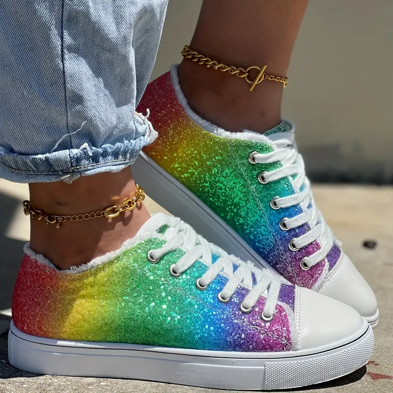 Stylish Women's Canvas Shoes with Rainbow Glitter