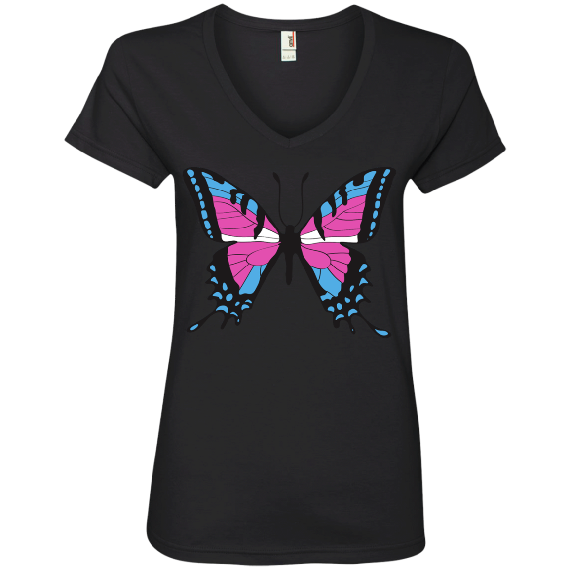 Trans Pride Butterfly black v-neck Shirt for women | Unique Design Trans Pride black Tshirt for women