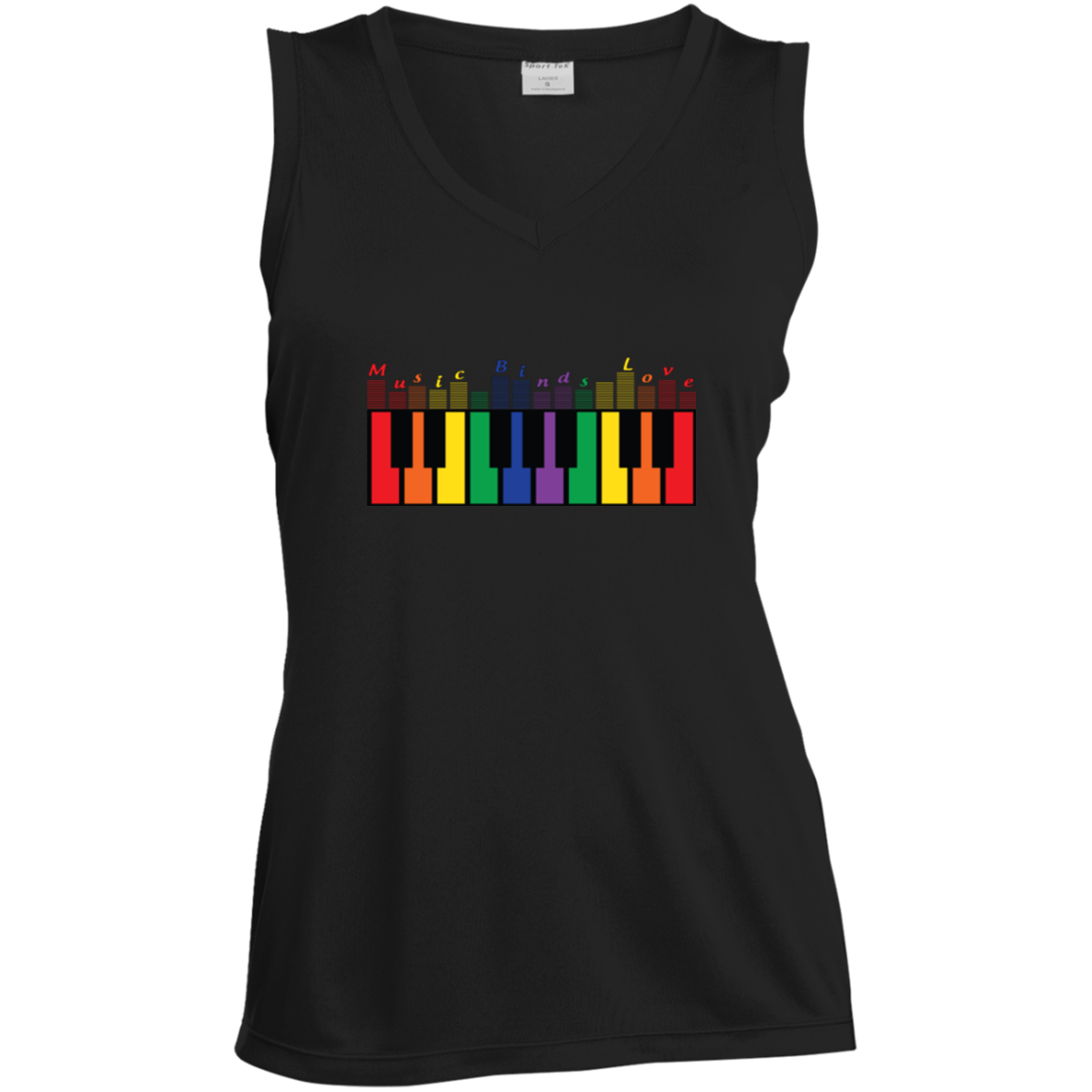 "Music Binds Love" Rainbow LGBT Pride black round neck sleeveless tshirt for women