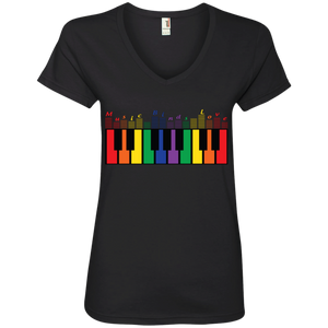 "Music Binds Love" Rainbow LGBT Pride black v-neck tshirt for women