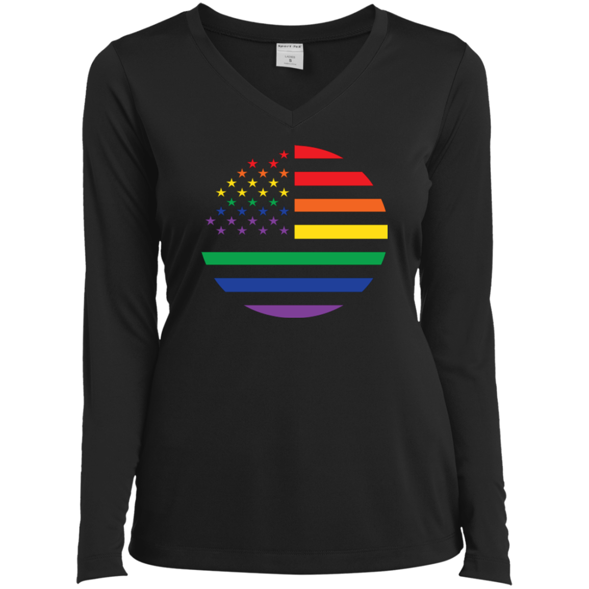 "Circular Rainbow Flag" Gay Pride V  Neck Black Color Full-Se-needle neck, Long sleeves T-shirt