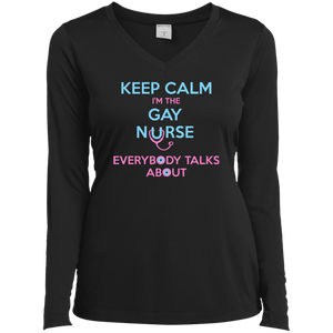 Keep Calm I'm The Gay Nurse black full sleeves v-neck tshirt for women