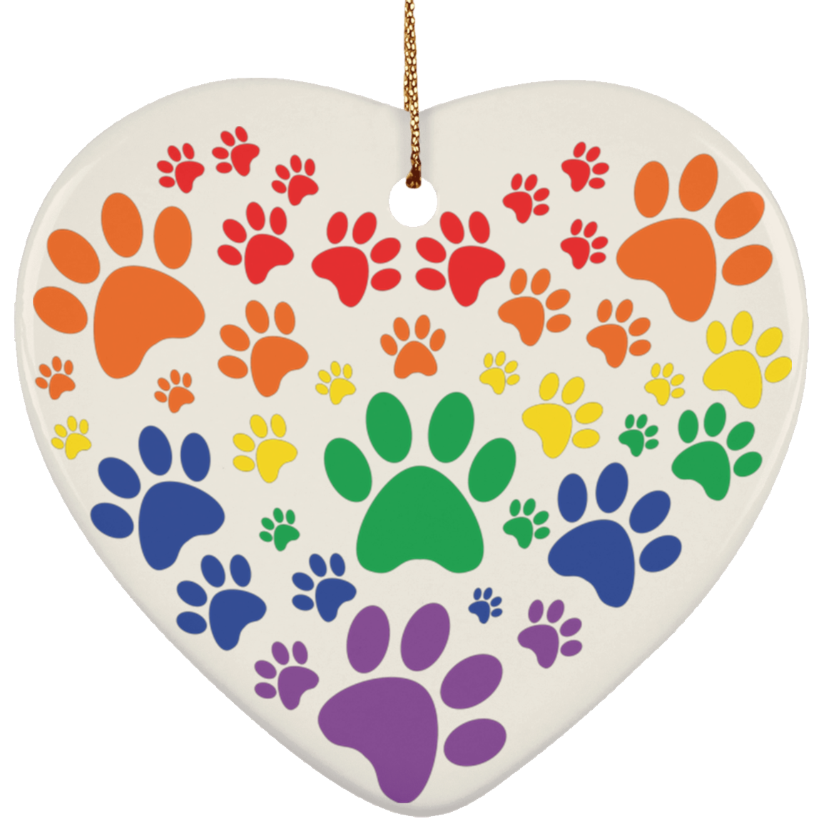 Rainbow Paw Print Love Ceramic Heart Christmas Ornament