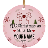 Personalized LGBT Pride Mr and Mr Ceramic Circle Christmas Ornament Gift For Gay Couple - Blue Color