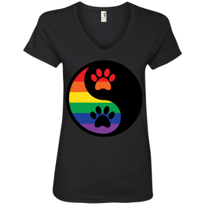 Rainbow Paw Yin Yang Pet black v-neck Shirt For women LGBT Pride Black v-neck Tshirt for Women