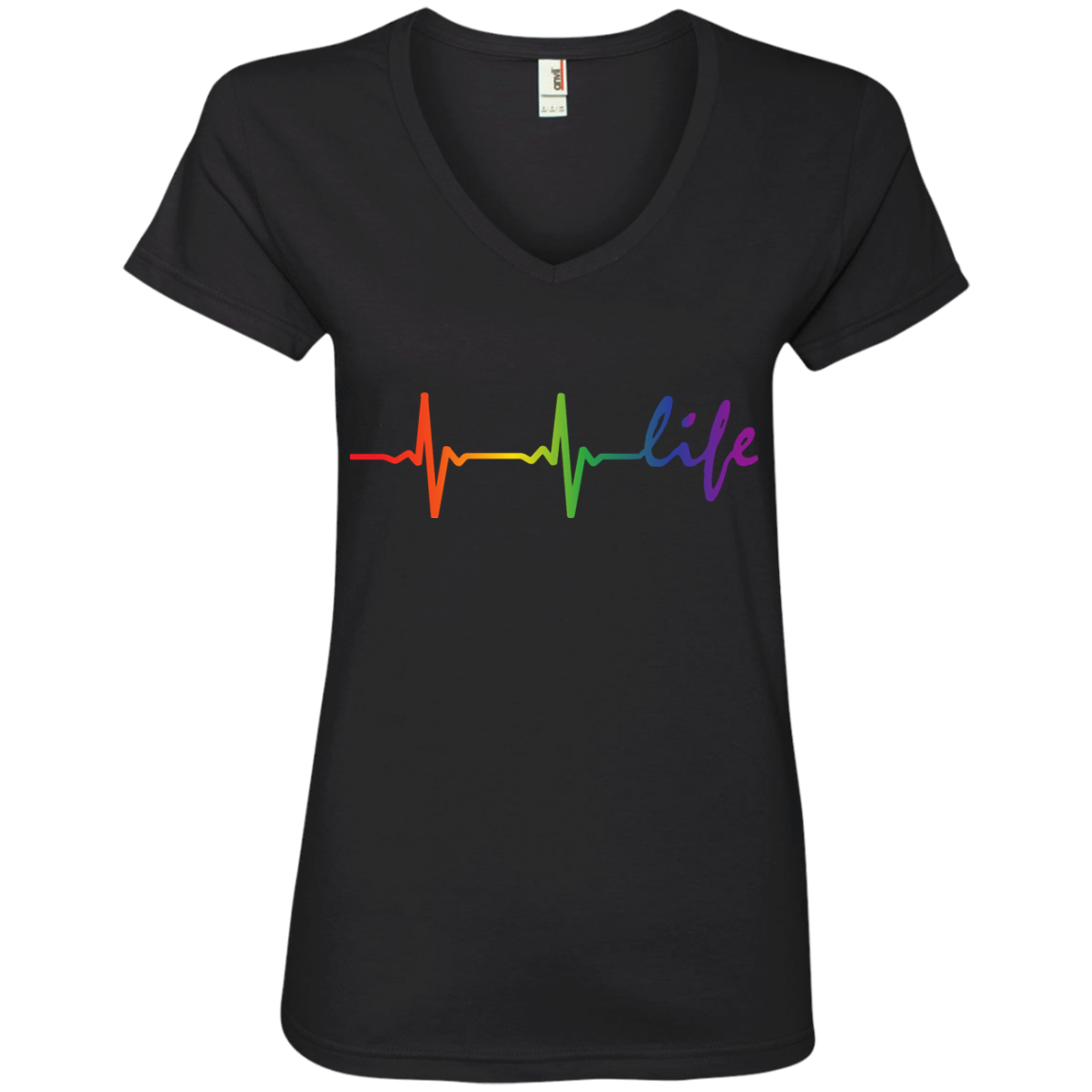 Rainbow Life Heartbeat Black v-neck T-Shirt for women LGBT Tshirt for Women 