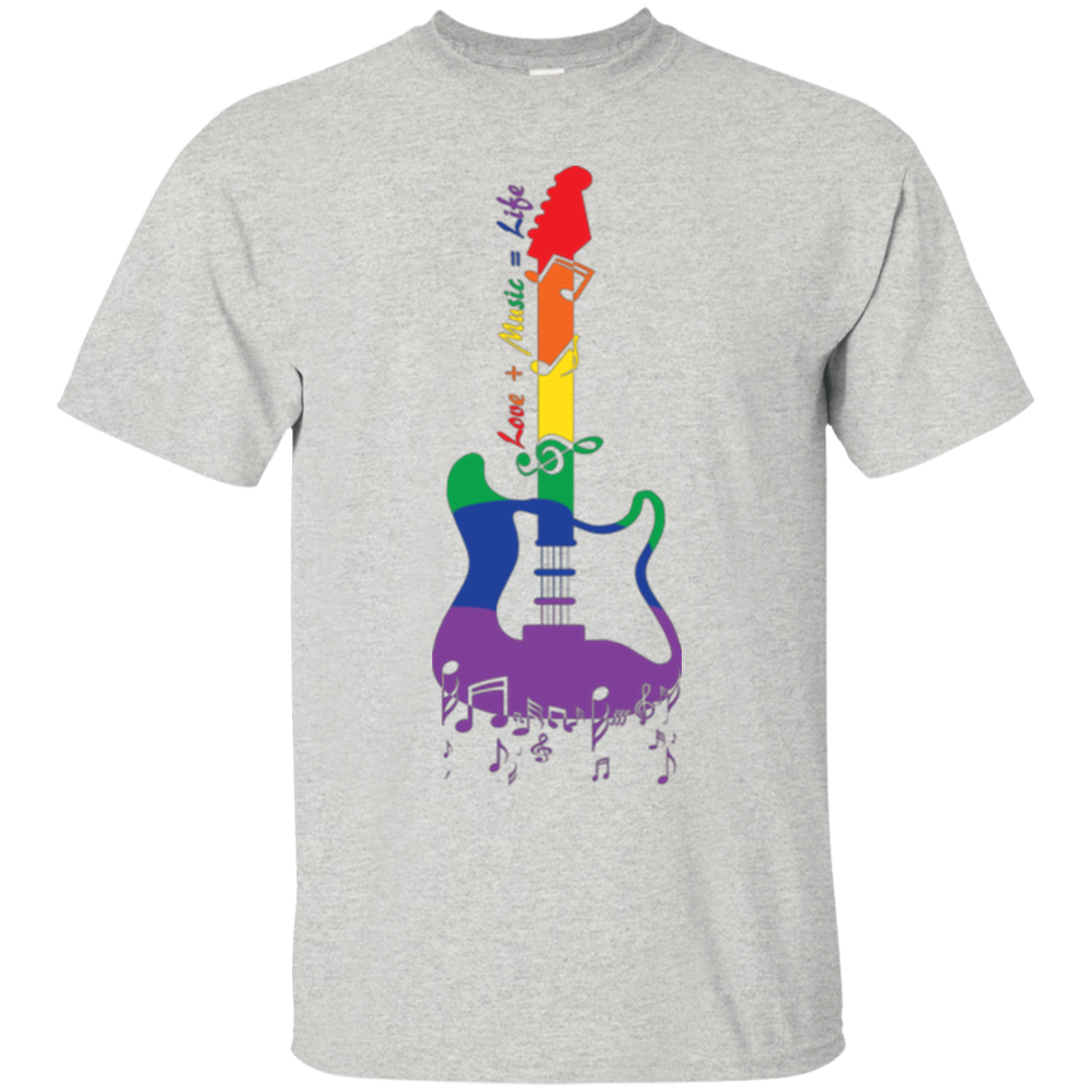 Rainbow Guitar "Love + Music = Life" Pride grey T Shirt for music lover 