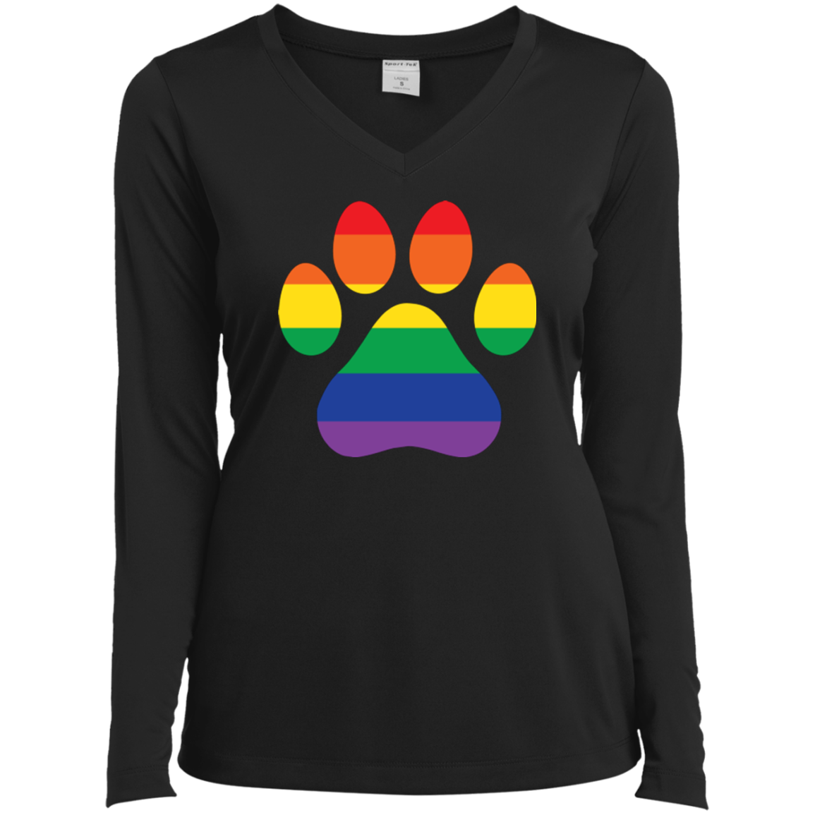 Rainbow pawprint black full sleeves v-neck tshirt for women