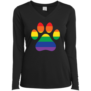 Rainbow pawprint black full sleeves v-neck tshirt for women
