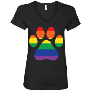 Rainbow Paw Print LGBT Pride black tshirt for women v-neck Half sleeves LGBT Pride tshirt for women