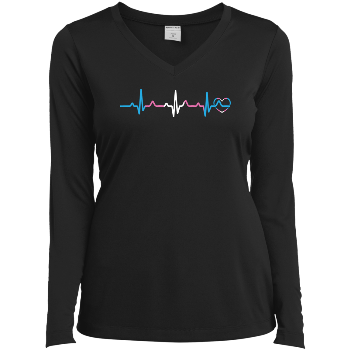 Trans Pride Heartbeat full sleeves v-neck black tshirt for women