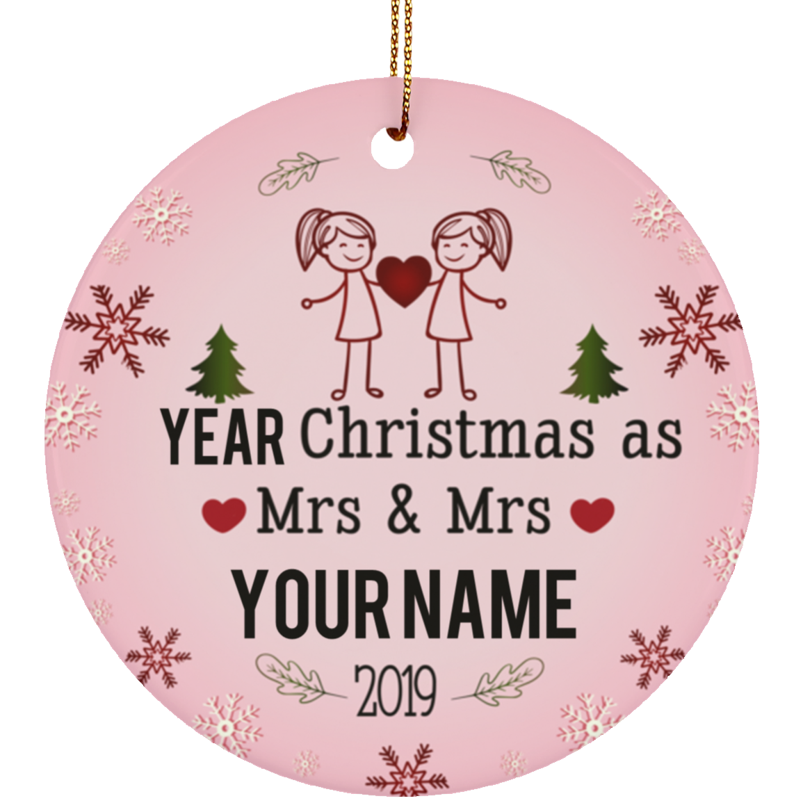 Personalized LGBT Pride Mrs and Mrs Ceramic Circle Christmas Ornament Gift For Lesbian, Gay Couple - Pink Color