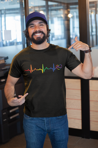 Rainbow Heartbeat Gay Pride black round neck T Shirt for men