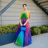 Off Shoulder Rainbow Color Elegant Women Dress Chiffon Summer Maxi Dress  A-line Floor Length Femme Pleated Dress